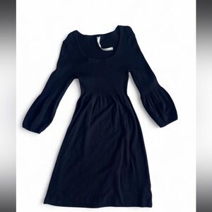 Black ribbed knit midi dress with flattering cinch waist and soft puff sleeves ✨